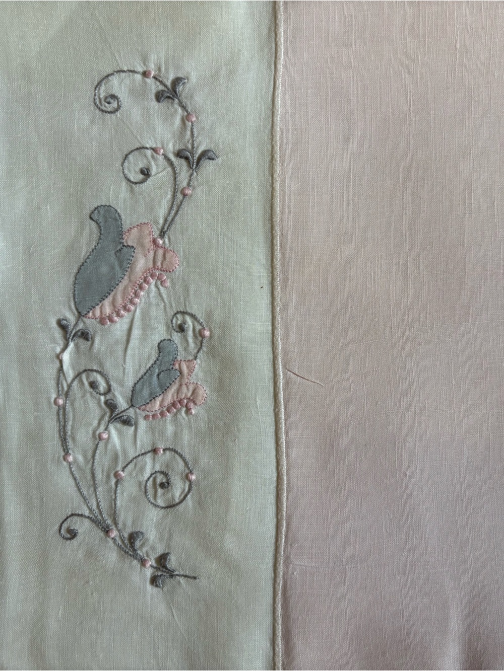 Embroidered and appliquéd Soft Pink and Gray Vintage Placemats - Set of Eight